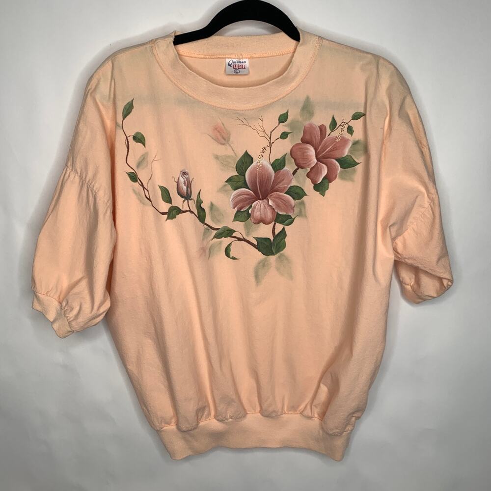 Vintage Peach Painted Flower Popover Top 80s 90s Sz Large - Picture 5 of 10